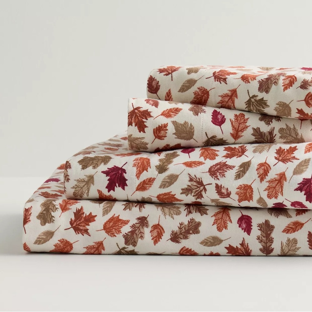 New Cuddl Duds QUEEN‎ Heavyweight Flannel 4 Piece Sheet Set Moody Leaves Fall